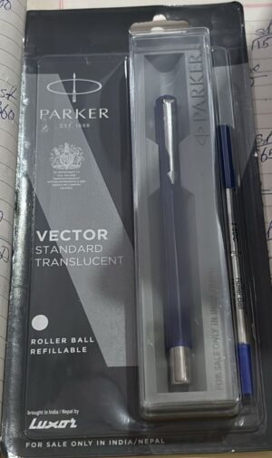 Parker Vector Standard Translucent rollerball pen in blister packaging, blue ink with refill and Parker branding visible.