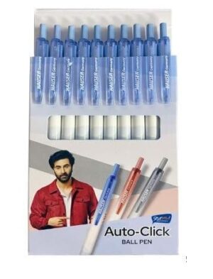 Display box of auto-click ball pens with blue pens lined up at the top; includes a model in a red jacket and the text 'Auto-Click Ball Pen'