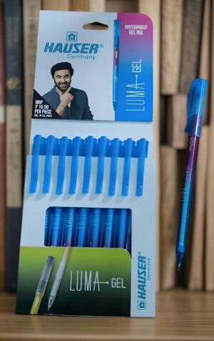 Packaging for Hauser Luma Gel pens, blue gel pens visible inside the box with brand Hauser Germany logo on the front.