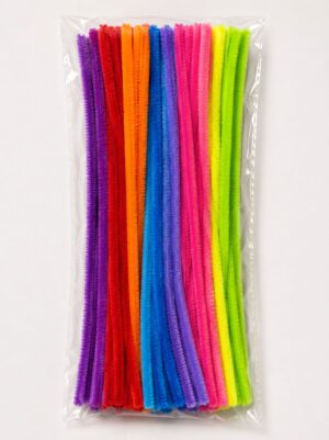 Assorted bright-colored pipe cleaners (chenille stems) in a sealed clear bag