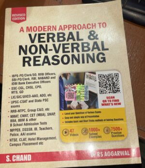Book cover titled 'A Modern Approach to Verbal & Non-Verbal Reasoning' with a red 'Revised Edition' label and a QR code on the right, advertising exam prep content.