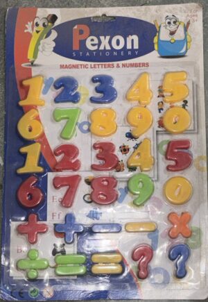 Packaging for a Paxon magnetic letters & numbers set showing colorful magnetic digits (0-9) and math symbols in plastic. For ages 3+, ready for classroom use.