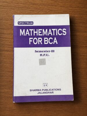 Book cover: 'Mathematics for BCA' purple-and-white with 'Semester-III' and 'Sharma Publications Jalandhar' on a wooden table