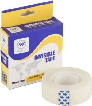 Box of invisible tape with a clear tape roll beside it; packaging says INvisible TAPE, 18mm x 33m, blue and yellow design with world map motif