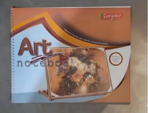 Spiral-bound art notebook cover featuring a framed floral painting and the words 'Art notebook' with an Evergreen logo in the corner.
