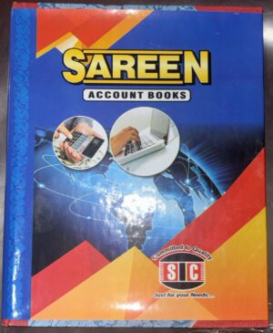 Blue Sareen Account Books packaging with a world map design and circular images of a calculator and a laptop.