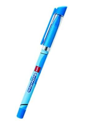 Blue retractable ballpoint pen with a silver clip, positioned diagonally.