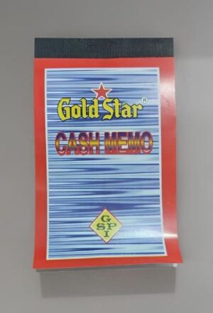 Red packaging for a 'Gold Star Cash Memo' pad with a blue striped panel and Gold Star logo on a gray surface.