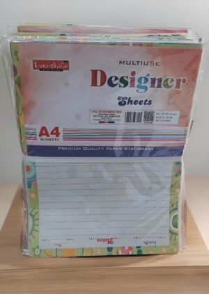 Pack of A4 designer sheets in clear plastic, labeled 'Designer Sheets' with colorful brand graphics and 'Premium Quality Paper Stationery' text.