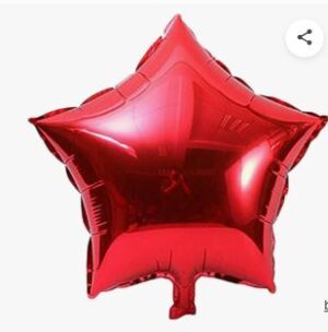 Red metallic star-shaped balloon floating against a white background.