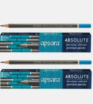 Two Apsara Absolute premium pencils in blue packaging labeled 'extra strong, extra dark', with pencils laid beside the boxes.