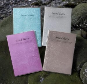 Set of four glittery pastel mood diaries with titles 'Mood diary' on metallic covers in turquoise, pink, silver, and champagne, arranged on mossy rocks by water edge.