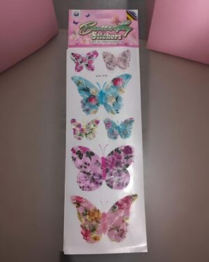 Sheet of floral butterfly stickers on white backing, showing five colorful butterfly designs arranged vertically on a grey surface.
