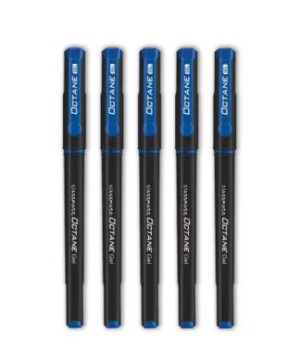 Five black Octane gel pens with blue caps lined up in a row (diagonally facing right).