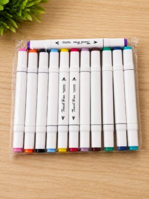 White marker pens with color-coded caps arranged in a clear plastic sleeve on a wooden table surface.