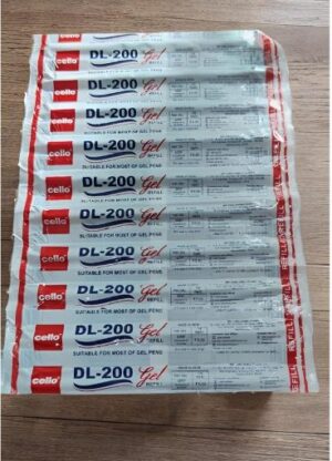 Multiple sealed plastic bags labeled 'Cello DL-200 Gel' for gel pen refills, arranged in a stack on a wooden floor.