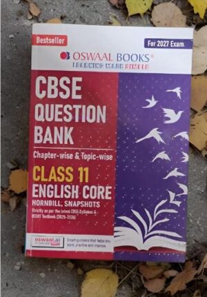 Cover of Oswaal Books' CBSE Question Bank for Class 11 English Core (red and purple design) lying on the ground with fallen leaves.