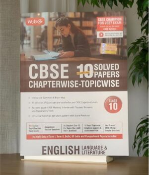 Poster advertising CBSE Class 10 English solved papers (chapterwise and topicwise); a girl studies at a library desk in the background.