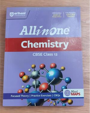 All in One Chemistry CBSE Class 12 textbook with a molecular model illustration on a purple cover by Arihant murky backdrop and red title band.