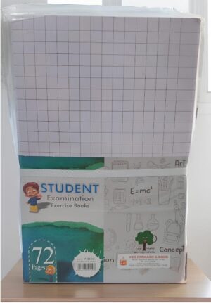 Pack of student exercise books in white and teal, showing a grid-paper cover and the label 'Student Examination Exercise Books' on a wooden table.