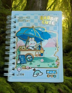 Blue spiral notebook cover featuring a cartoon bunny at a seaside lemonade stand under a blue umbrella, with 'Rabbit Cute' text and playful seaside icons.