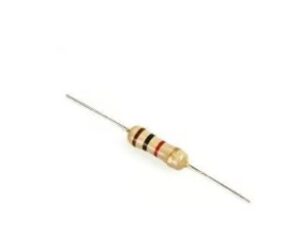 Axial resistor with a beige body and color bands (brown, black, red, gold) used to limit current in circuits.