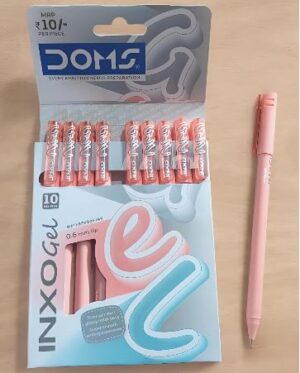 Display of a DOMS stationery set: ten small pink erasers and two larger pastel curvy erasers, plus a pink pen on the right side.
