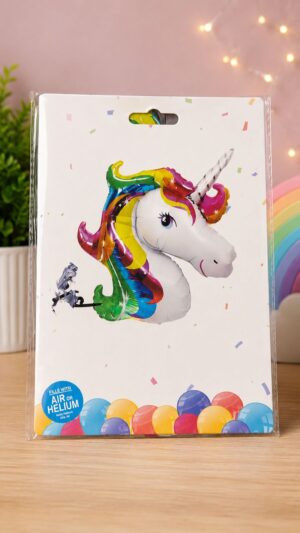 Gift packaging featuring a rainbow unicorn balloon drawing with confetti and a row of colorful balloons at the bottom.