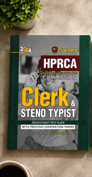 Front cover of a recruitment test guide for HPRCA Commission Clerk & Steno Typist, green binder, 2026, with a grayscale photo of a smiling man.