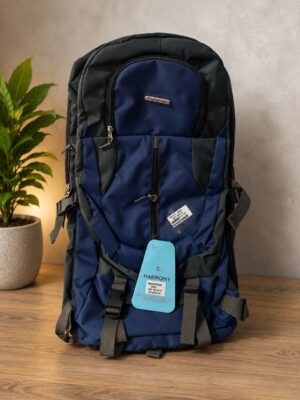 Blue and dark-green Harmony backpack standing on a wooden floor with a potted plant nearby.