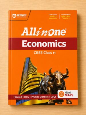 Orange book cover titled 'All in One Economics' for CBSE Class 11, featuring a bronze bull statue and modern building illustration on a wooden surface.