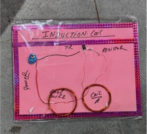 Pink board displays a hand-drawn induction coil circuit with two copper coils labeled Coil A and Coil B, and wiring to power, resistor, and TR/transitions.