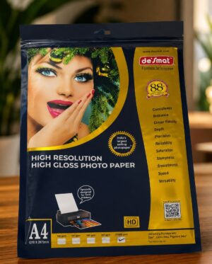 Front of a blue and yellow package for high-resolution photo paper (A4 size) featuring a model's face and branding.