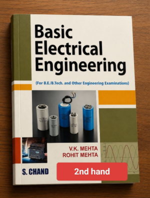 Book cover titled 'Basic Electrical Engineering' with images of capacitors and circuit components; second-hand sticker across the middle.