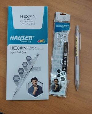 Boxed Hauser Hexon 2.0mm mechanical pencil set with blue and white packaging on a wooden surface, plus a separate bundled pencil package nearby.