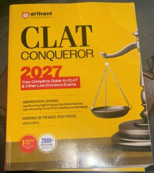 Yellow Arihant CLAT Conqueror 2027 guide cover with scales graphic and bold black text: Your Complete Guide to CLAT & Other Law Entrance Exams.