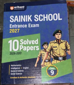 Sainik School Entrance Exam 2027 cover with bold white title, 10 Solved Papers for Class 9, featuring two illustrated soldiers in uniform.