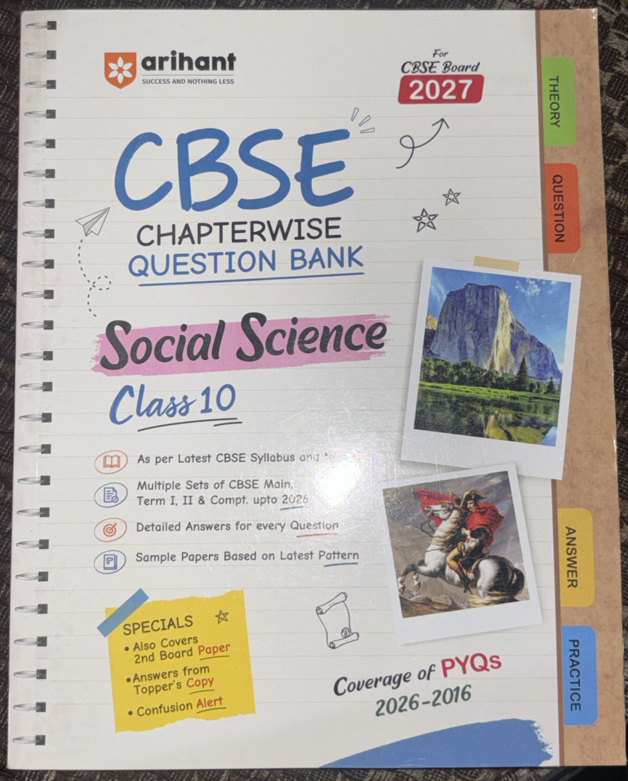 Cover of Arihant CBSE Chapterwise Question Bank for Class 10 Social Science, 2026-2016 edition with photos and tabs on the right.
