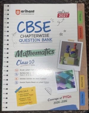 Spiral notebook cover for CBSE Class 10 Mathematics Chapterwise Question Bank with colorful title text and decorative stickers.
