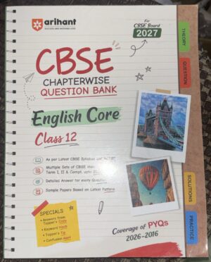 Cover of a CBSE English Core Class 12 question bank notebook with notes, tabs for Theory/Questions, and postcards of landmarks attached (Tower Bridge image).