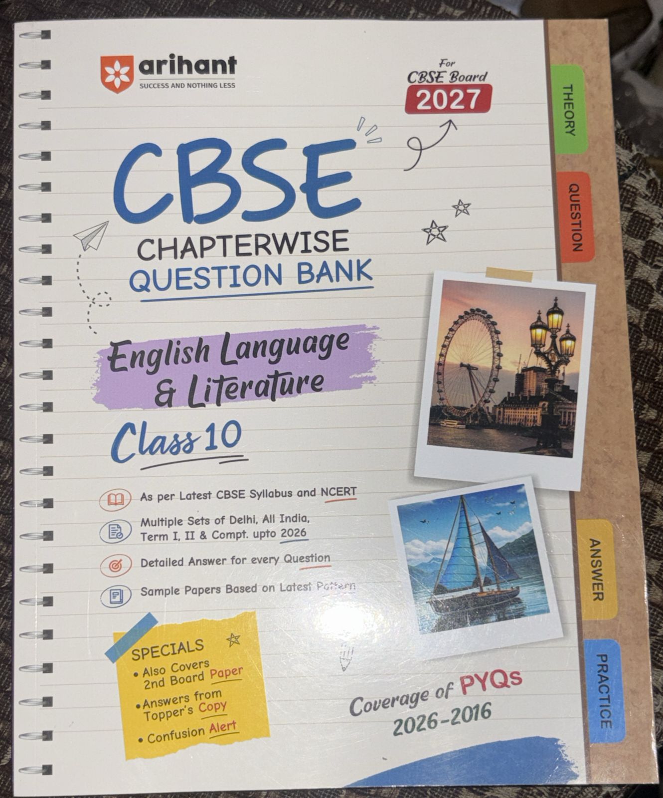 Cover page of Arihant CBSE Class 10 English Language & Literature question bank; features London Eye photo and sailboat photos, 2027 edition label, colorful tabs on right.