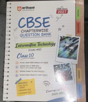 Cover of a CBSE Class 10 Information Technology question bank by Arihant, titled 'Chapterwise Question Bank' with tabs for Theory, Question, and Answerer on the side, and a photo of network cables.