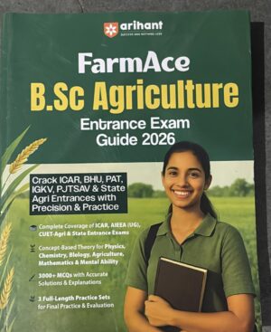 Green cover book titled FarmAce B.Sc Agriculture Entrance Exam Guide 2026 by Arihant, with a smiling student holding a notebook.