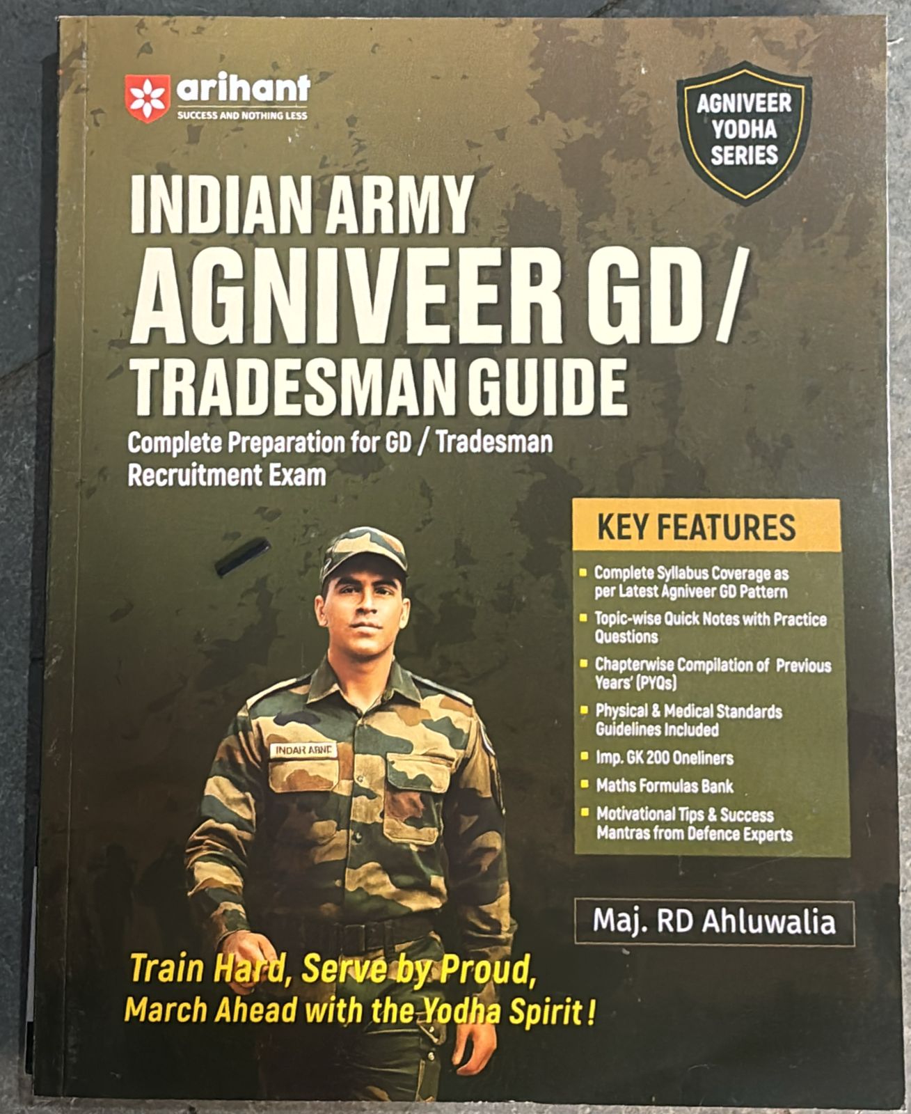 Book cover: Indian Army AGNIVEER GD/Tradesman Guide with a soldier in camouflage and bold title text on a dark background.
