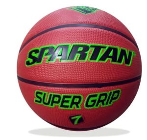 Red basketball with black seams and bright green 'SPARTAN' and 'SUPER GRIP' branding, resting on a subtle shadow.