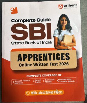 Book cover: 'Complete Guide SBI State Bank of India' with a smiling woman holding notebooks, advertising apprentices Online Written Test 2026.