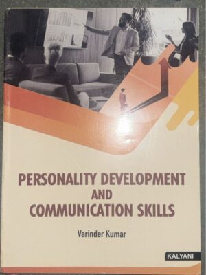 Book cover for Personality Development and Communication Skills by Varinder Kumar; grayscale business meeting scene with orange geometric shapes.