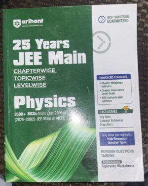 Green book cover titled “25 Years JEE Main Physics” with chapterwise, topicwise, levelwise labels; white panel on the right shows features and guarantees.