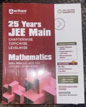 Red and white JEE Main Mathematics book cover celebrating 25 years, with chapterwise, topicwise, levelwise sections on the left.