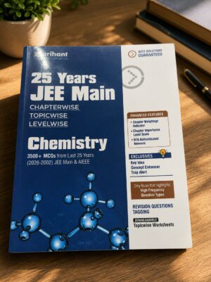 Blue JEE Main Chemistry study guide cover: '25 Years JEE Main Chemistry' with chapterwise/topicwise/levelwise text and molecular graphics on a desk.